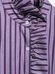 Detail of purple striped shirt with ruffled collar, pleats, and white buttons