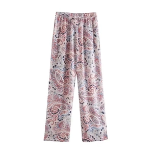 Damen Frühling Satin Weites Bein Hose mit böhmischem Paisleymuster und elastischem Bund