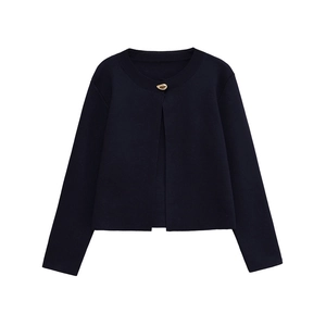 Pull en Tricot de Coton Mercerisé Minimaliste pour Femmes Coupe Courte Col Rond Manches Longues avec Bouton Doré Cardigan Élégant