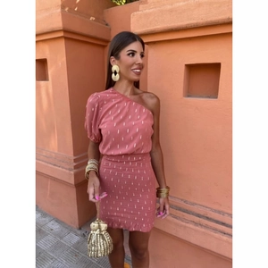 Robe Courte Élégante à une Épaule pour Femme Rose Imprimé Pois Dorés Manches Courtes Ourlet à Volants Robe de Vacances d'Été