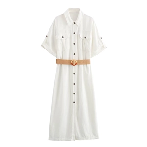 Women Elegant Chiffon Shirt Dress With Straw Belt Casual V-Neck Utility Short Sleeve Midi Dress For Summer Vacation White
