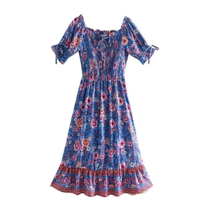 Vestito Midi Smock Floreale Bohemien Scollo Quadrato Maniche a Sbuffo Volant Rayon Donna Vintage Vacanza