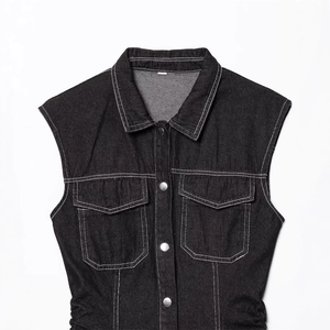Fitted washed black denim vest dress for women with white contrast stitching and metal buttons