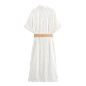 Back view of a white cotton linen shirt dress with short sleeves and woven waist belt