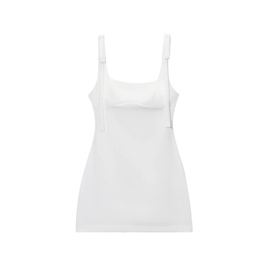 Elegant white bodycon mini dress with adjustable bow straps and structured cup detailing
