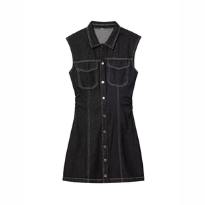 Classic black sleeveless denim vest dress with button-up front and turn-down collar