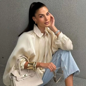 Veste de Femme en Satin Plissé Avec Fermeture Éclair Casual Manches Lanterne Bomber Blouson Manteau Mode Streetwear