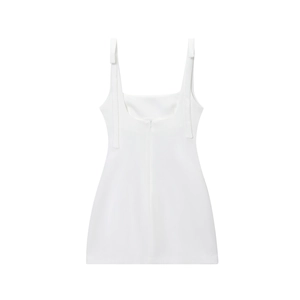 Detail view of white mini dress featuring wide shoulder straps and invisible back zipper