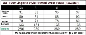 Tableau des tailles pour robe imprimée style lingerie avec mesures détaillées du XS au L