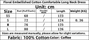 Size chart for brown cotton halter dress with floral detail, units in centimeters