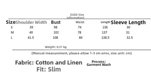 Detailed size chart for short sleeve solid cotton linen jumpsuit with measurements in cm
