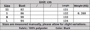 Detailed size chart for black sleeveless maxi dress including bust and length measurements