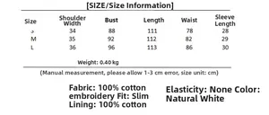 Size chart for French lace embroidered midi dress with detailed cm measurements