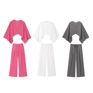 Ensemble Femme Été Polyester Haut et Bas Haut Kimono Asymétrique et Pantalon Jambe Large Taille Haute Streetwear