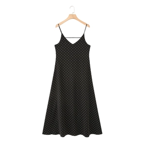 Detail of black polka dot V-neck dress with thin straps and open back design