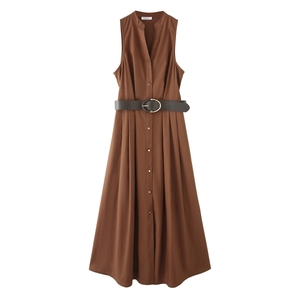 Elegantes ärmelloses Midi-Kleid in Braun mit V-Ausschnitt, Knopfleiste und schwarzem Gürtel