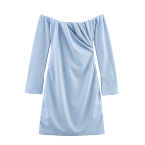 Robe Mini Femmes Épaules Dénudées Manches Longues Froncée Plissée Bleu Ciel Été Coupe Ajustée Streetwear Fête Robe Courte