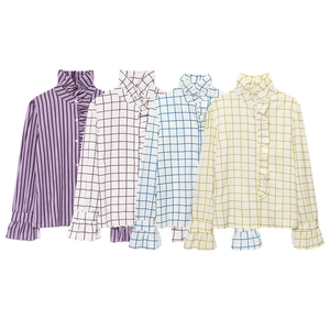 Women Elegant Ruffle High Neck Long Sleeve Shirt Vintage Plaid Striped Button Up Blouse Office Casual Tops Fashion Clothes