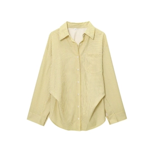Women Casual Striped Poplin Shirt Long Sleeve Turn-down Collar Button Down Blouse With Chest Pocket Loose Fit Yellow White