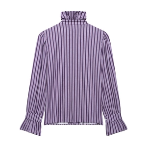 Purple striped long sleeve blouse with elegant ruffle high neck and buttoned cuffs