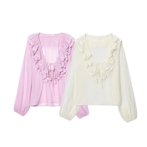 French Retro Ruffled V Neck Chiffon Blouse For Women Elegant Layered Long Lantern Sleeve Solid Color Sweet Pullover Top
