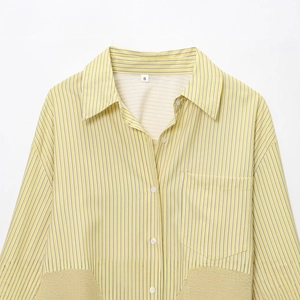 Women's yellow striped poplin shirt with beige contrast hem and front chest pocket