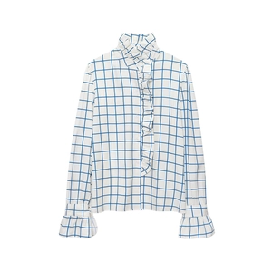 Women's blue gingham long sleeve blouse with elegant ruffle trim and stand collar
