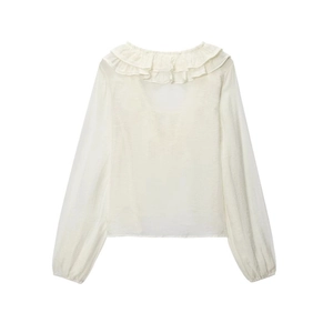 Elegant white chiffon blouse featuring a tiered ruffle collar and long cuffed sleeves