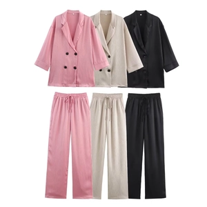 Women Casual Pleated Suit Double Breasted Blazer And Wide Leg Pants Outfit Elegant Solid Color Summer Streetwear For Lady