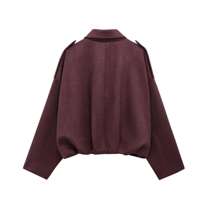 Rear view of a burgundy suede-style bomber jacket featuring shoulder epaulettes and a slim fit