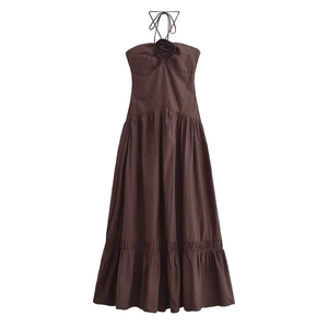 Women Halter Maxi Dress Cotton Solid Color 3D Flower Decoration Smocked Back Ruffle Hem Elegant Streetwear Summer Dress