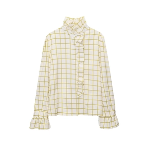 Elegant yellow plaid ruffle collar long sleeve shirt with white buttons for women