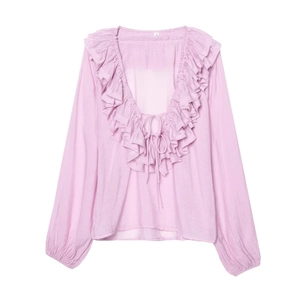 Pink chiffon long sleeve blouse with elegant layered ruffles and V-neck tie detail