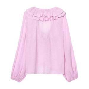 Pale pink French chiffon blouse with layered ruffle collar and lantern sleeves backless design