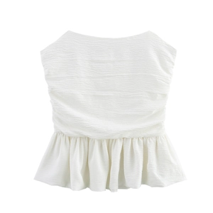 Sleeveless white peplum top for women with textured pleat fabric and elegant flared hem