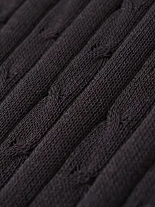 Close-up of dark brown cable-knit fabric showing detailed texture and ribbed knitting