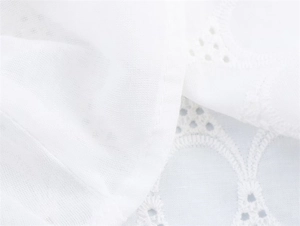 Macro detail of white French dress fabric featuring intricate eyelet lace embroidery patterns