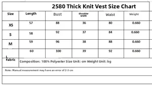 Size chart for textured vest showing XS to L measurements in cm and polyester fabric detail
