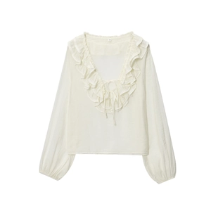 Elegant white chiffon blouse with layered ruffles and v-neck tie detail for women