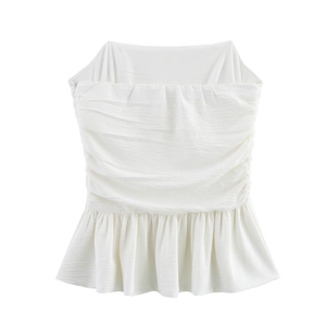 Sleeveless white peplum tube top featuring ruched bodice and textured fabric for women