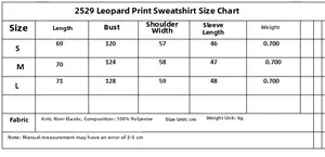 Detailed size chart for women's leopard print knitted sweatshirt in sizes S to L