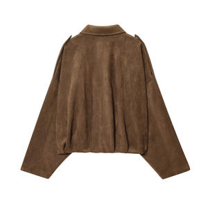 Back view of a brown faux suede bomber jacket with elastic hem and shoulder straps