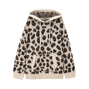 Close-up of leopard pattern knit hoodie with drawstring hood and kangaroo pocket
