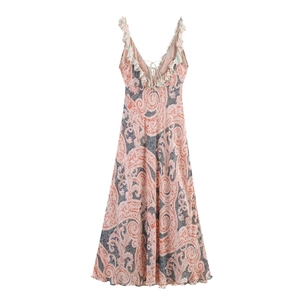 Robe Longue de Plage Bohême pour Femme Imprimé Paisley Col en V Volants Sans Manches Dos Nu À Lacets Robe Trapèze Été