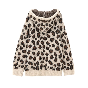 Back view of leopard print hooded knit sweater with ribbed cuffs and hem for women