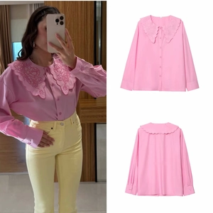 Women Pink Long Sleeve Peter Pan Collar Blouse With Floral Embroidery Scalloped Edge Loose Single Breasted Casual Shirt