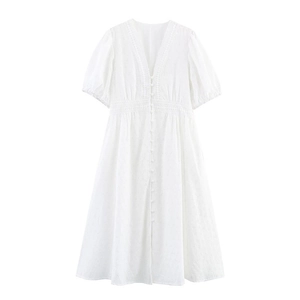 French Style Vintage White Cotton Eyelet Embroidery Midi Dress Elegant V-Neck Short Sleeve Lace A-Line Dress For Women