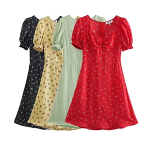 Französisches Mini Kleid Mit Blumenmuster Für Damen Puff Kurzarm V-Ausschnitt Hohe Taille Lässiges A-Linie Sommer Kleid