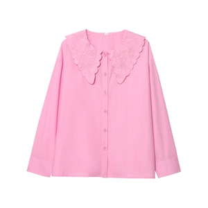 Pink long sleeve cotton shirt featuring embroidered oversized Peter Pan collar with scalloped edges