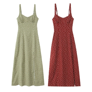 Women Vintage Polka Dot Cami Dress V Neck High Waist Side Slit A-Line Midi Dress For Summer Vacation Party Streetwear
